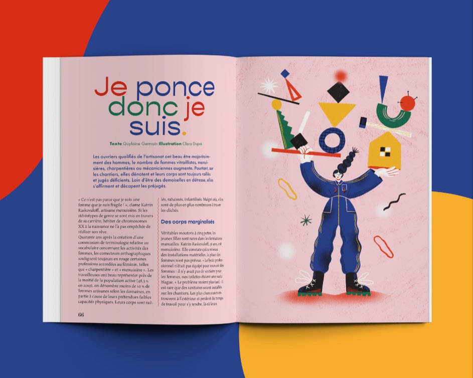mock up de l'article de Guylaine, illu de Clara Dupré. Une femme en bleu de travail porte en équilibre plusieurs outils et formes colorées.